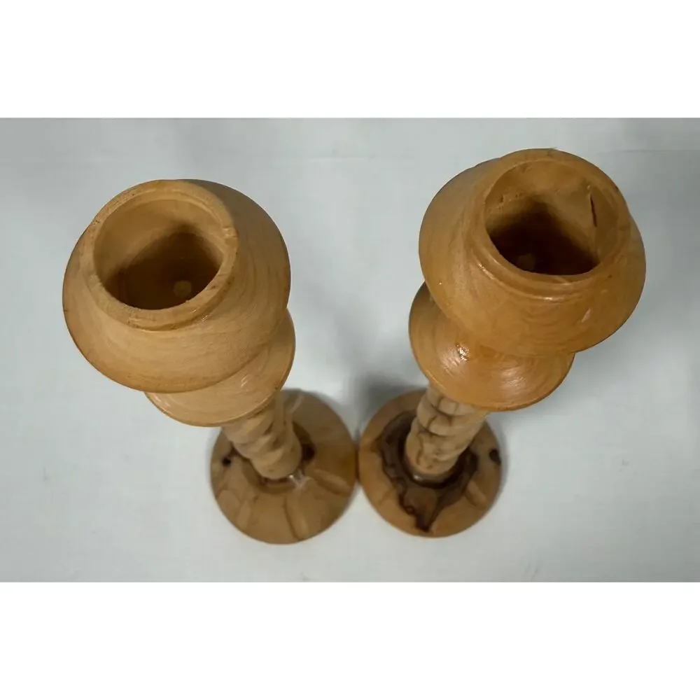 8Vintage Olive Wood Candlesticks Hand Carved Spiral Twist Pair MCM 60s 70s